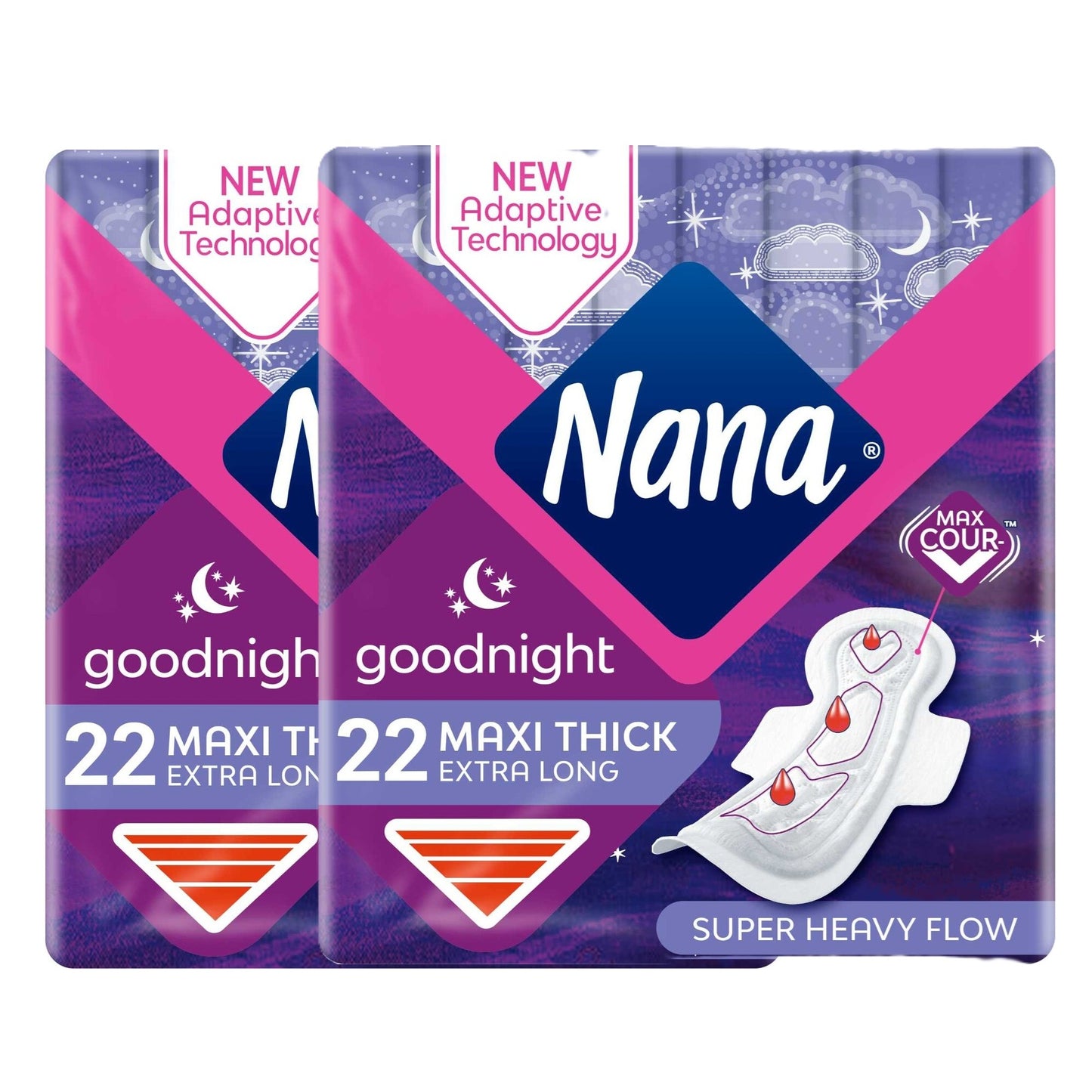 Nana Night Maxi Sanitary Pads with Wings Extra Long and Thick 22 Pads Twin Pack