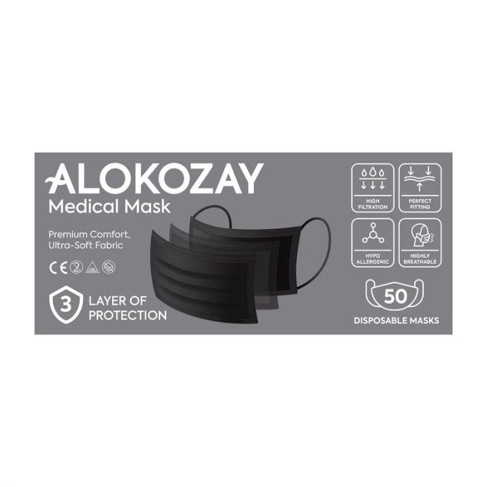 Alokozay Black Disposable Face Masks with Earloop 3ply 50 per pack