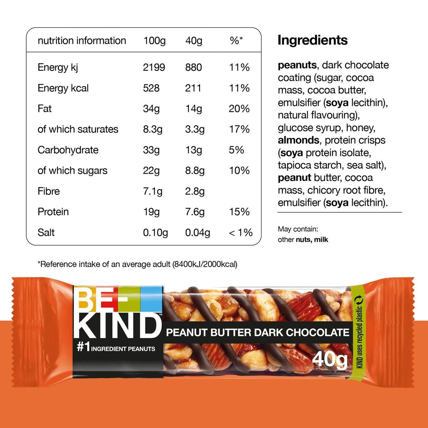 Be-Kind Peanut Butter, Dark Chocolate & Nuts Snack Bar 40 gr