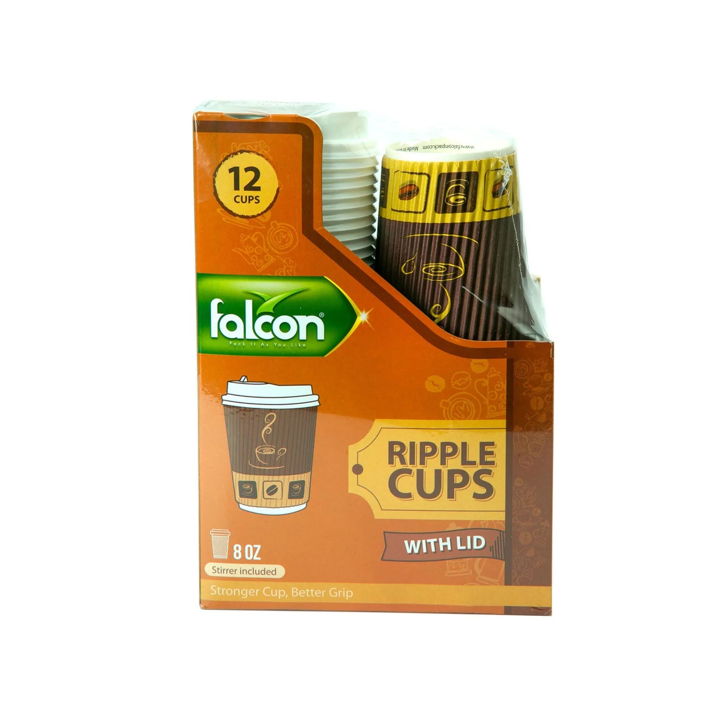 Falcon Brown 8oz Ripple Paper Cups with Lids & Stirrers 12 per pack