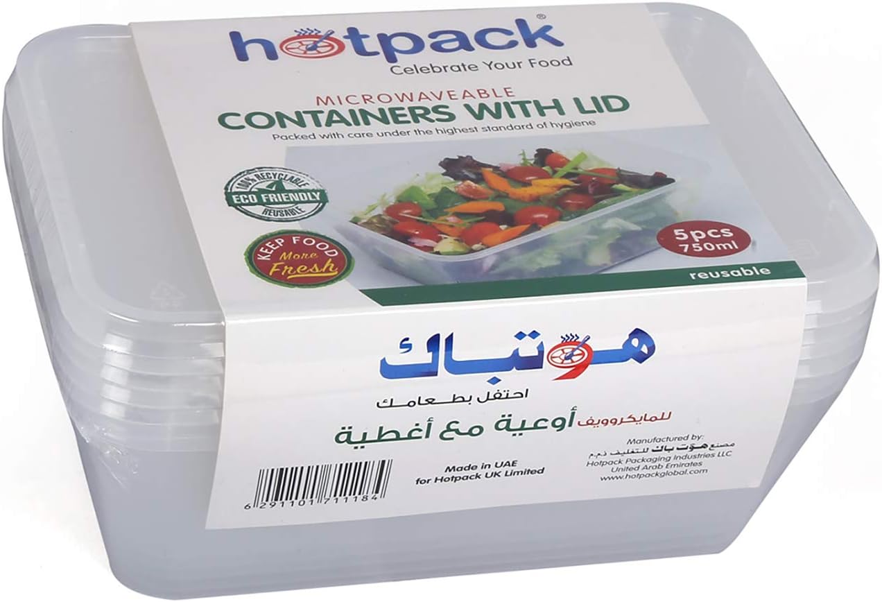 Hotpack 750ml Microwaveable Plastic Containers with lids 5 per pack
