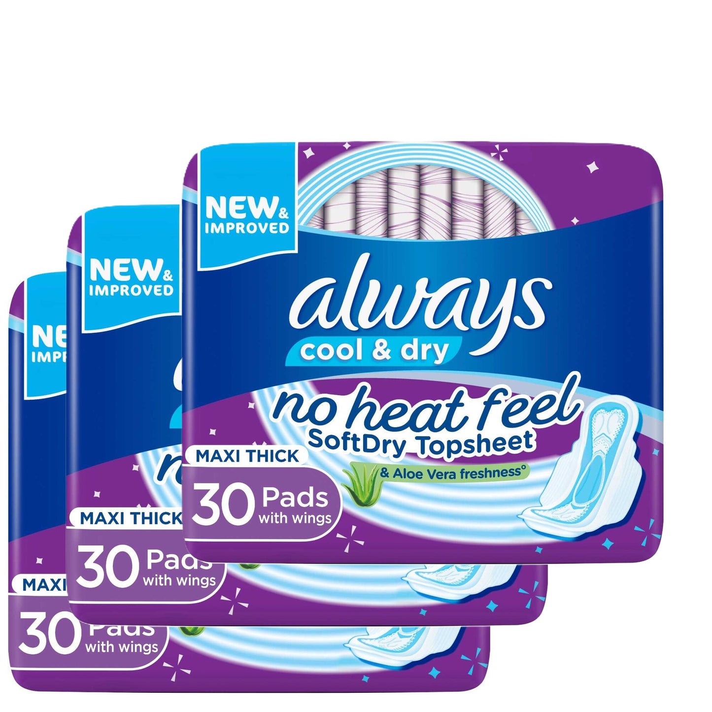 Always Cool & Dry No Heat Feel Maxi Thick Large Sanitary Pads with Wings 30's Tri Pack