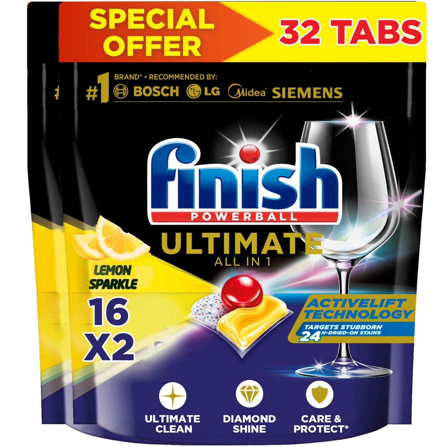 Finish Powerball Quantum Ultimate All in 1 Dishwasher Tablets Lemon Sparkle 2 x 16 Tabs
