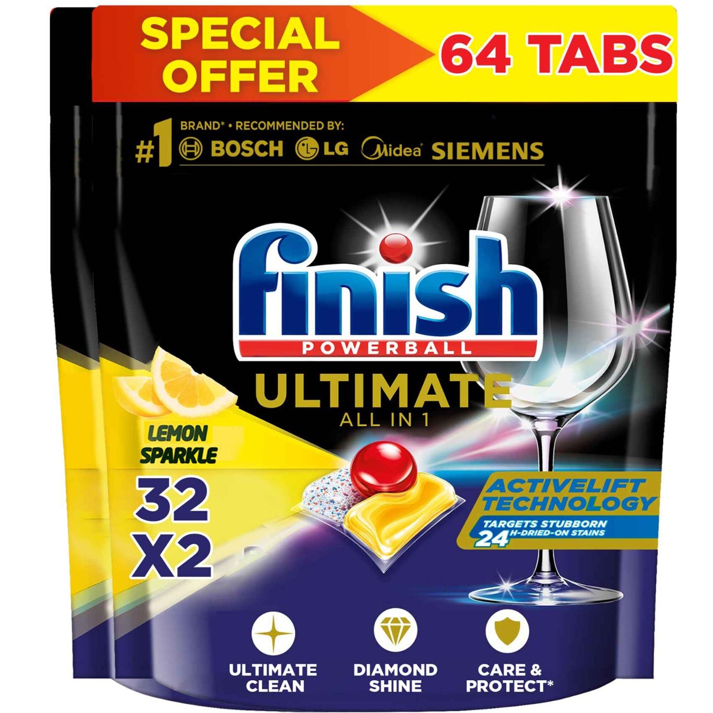 Finish Powerball Quantum Ultimate All in 1 Dishwasher Tablets Lemon Sparkle 2 x 32 Tabs