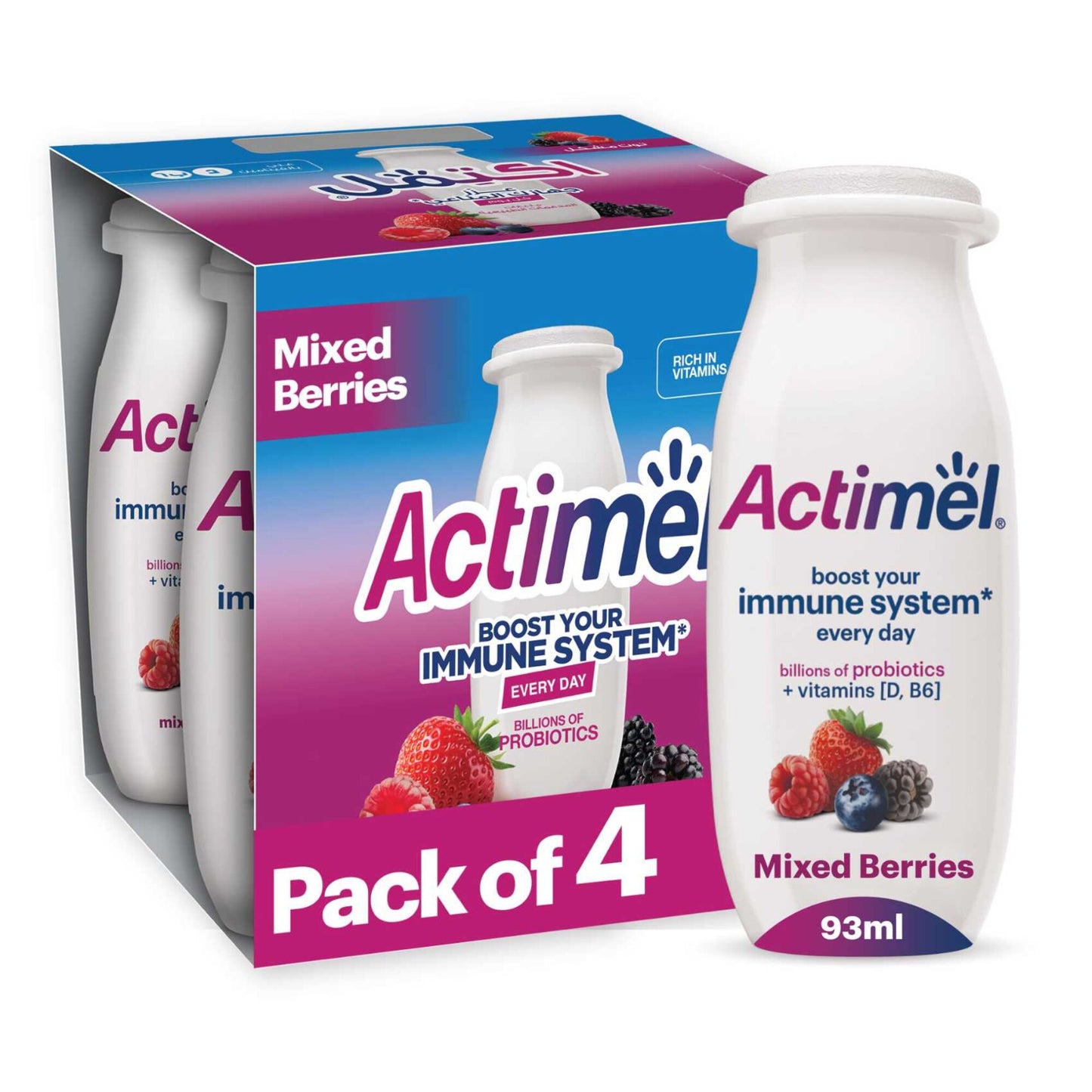 Actimel Mixed Berries Drinking Yogurt with Vitamin B6 & D 4x93 ml