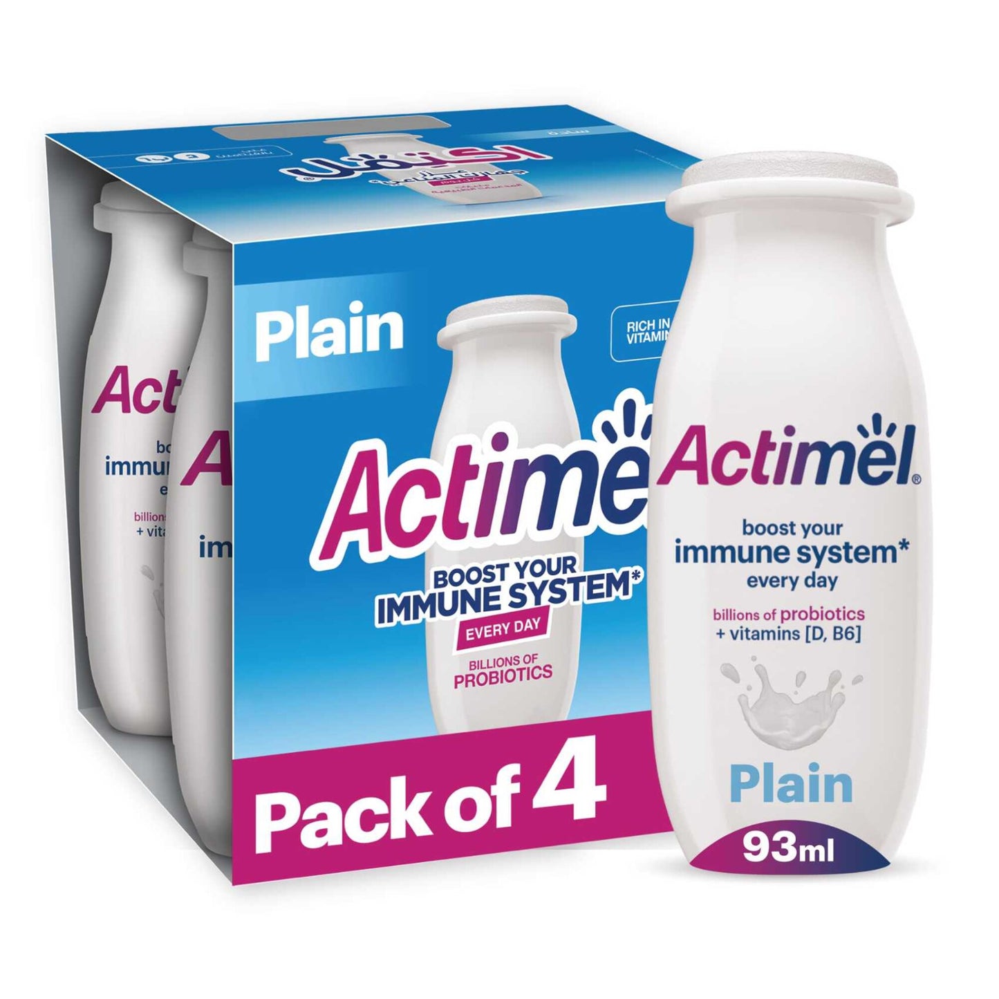 Actimel Plain Drinking Yogurt with Vitamin B6 & D 4x93 ml