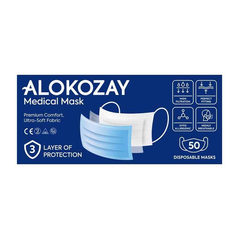 Alokozay Blue Disposable Face Masks with Earloop 3ply 50 per pack