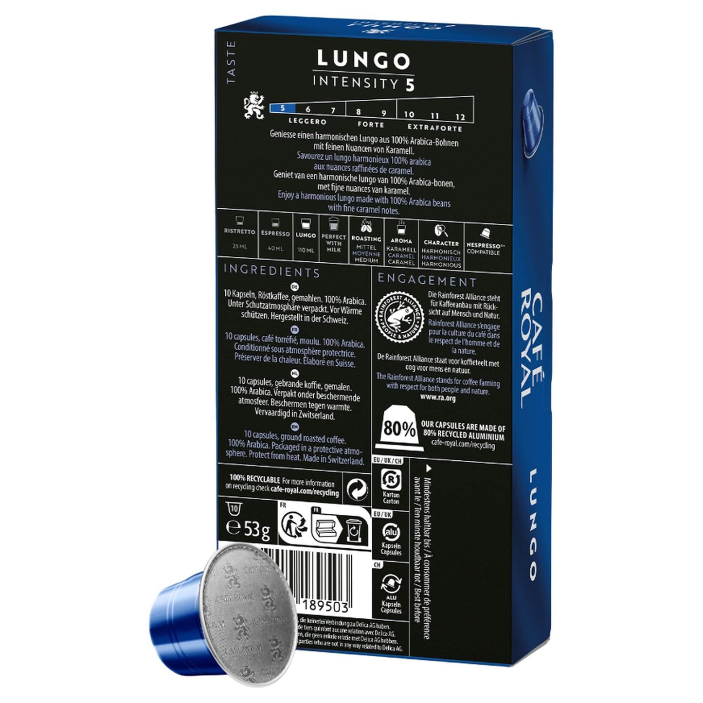 Cafe Royal Lungo Coffee Capsules - Intensity 5 10 coffee capsules