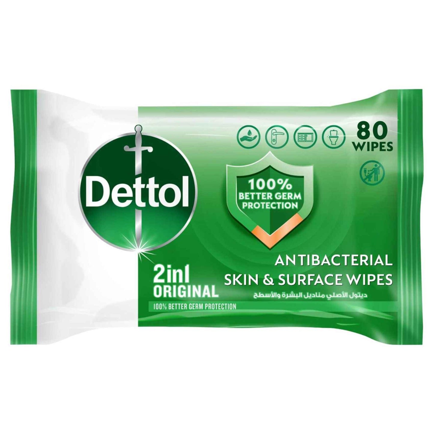 Dettol Original 2 in 1 Antibacterial Skin and Surface Wipes 80 Wipes
