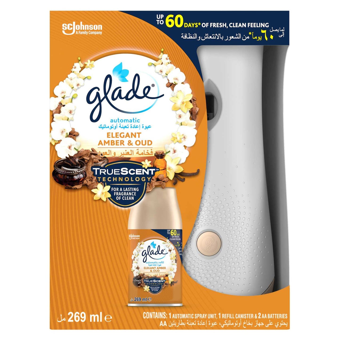 Glade Automatic Spray Holder With Elegant Amber & Oud Air Freshener 269ml