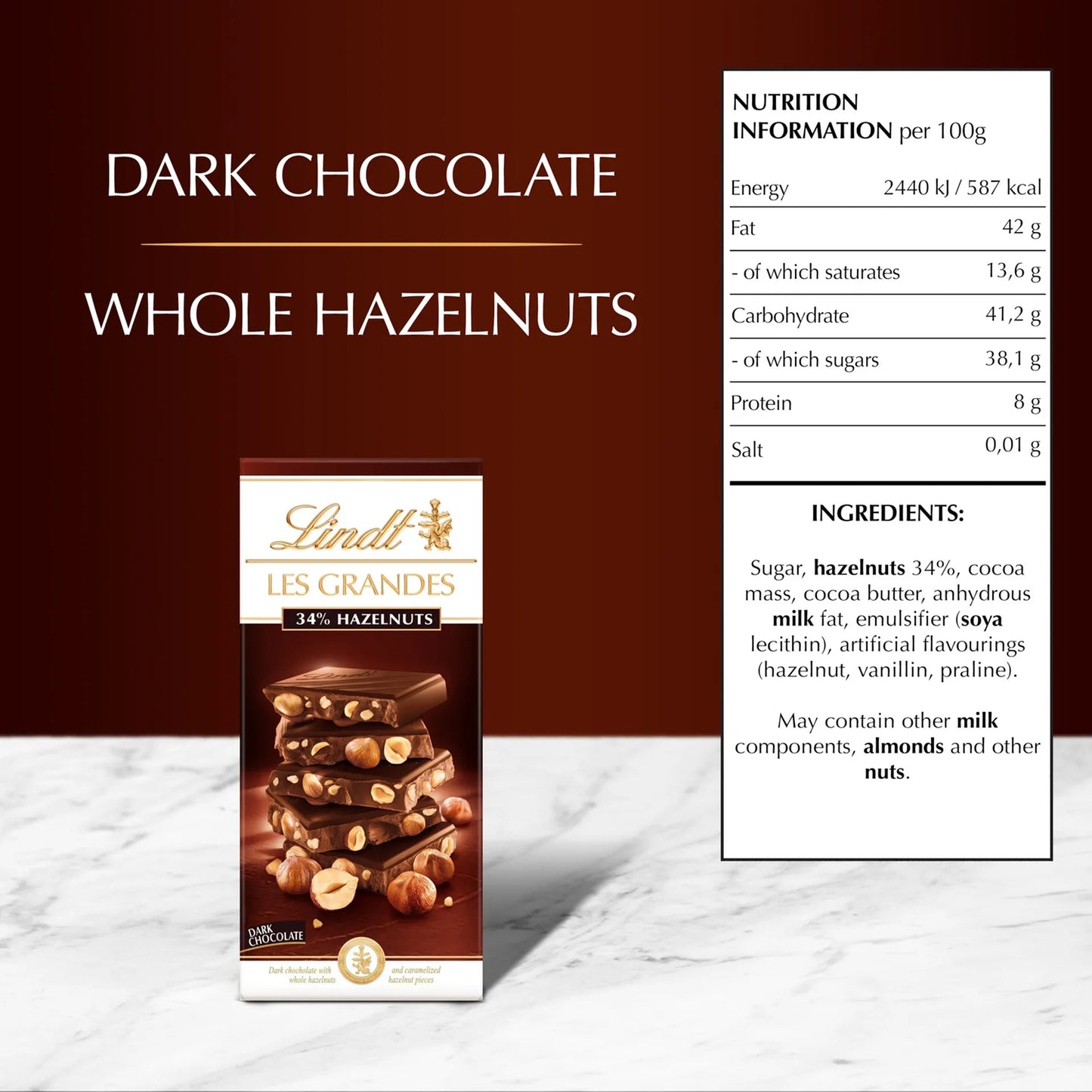 Lindt Les Grandes Dark Chocolate Slab Filled with Hazelnuts 150 gr