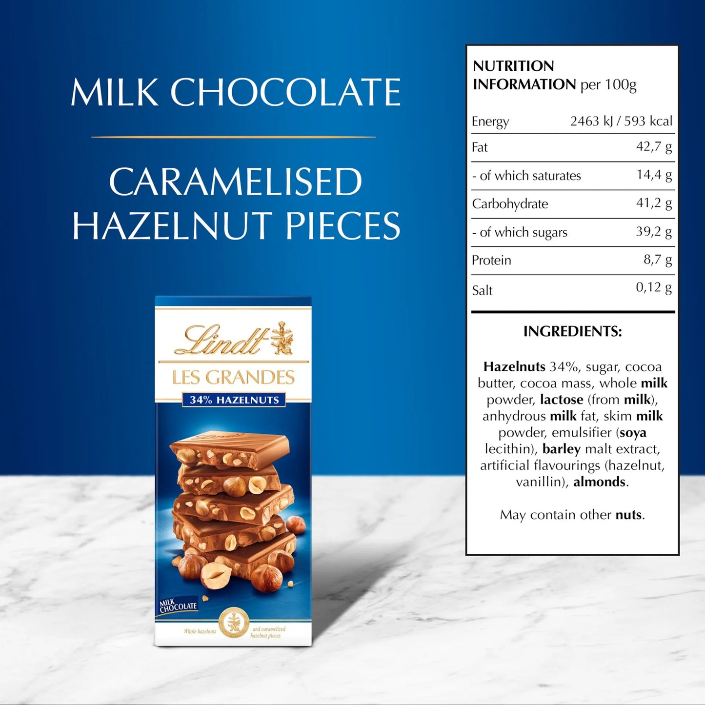 Lindt Les Grandes Milk Chocolate Slab with Hazelnuts 150 gr
