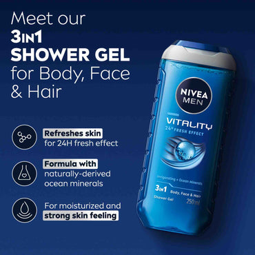NIVEA Men Vitality Fresh 3in1 Shower Gel for Body, Face & Hair 250 ml