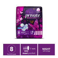 Private Natural Cotton Feel Maxi Pocket Night Sanitary Pads with Wings 8 pcs