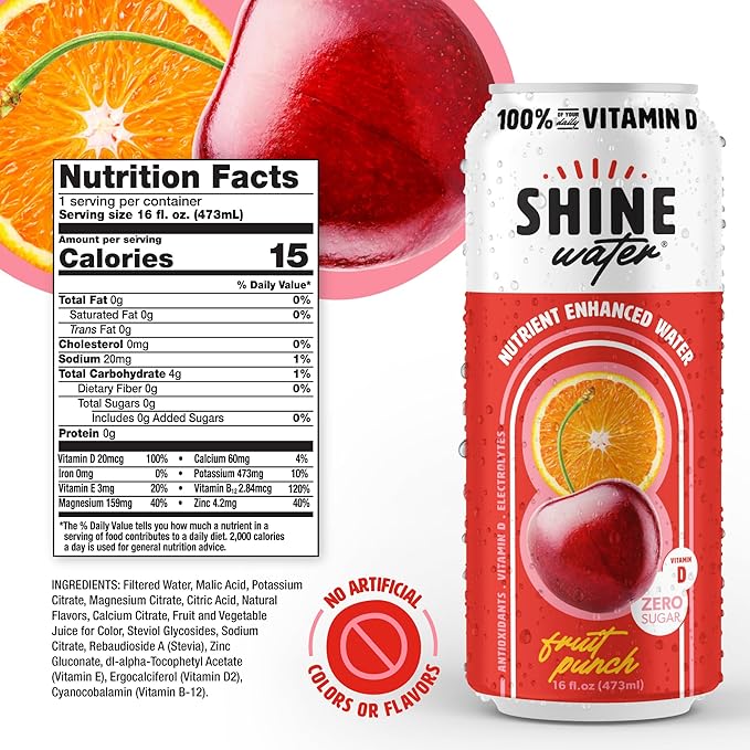 Shine Water Fruit Punch Flavor with Vitamin D, Electrolytes & Antioxidants 473 ml