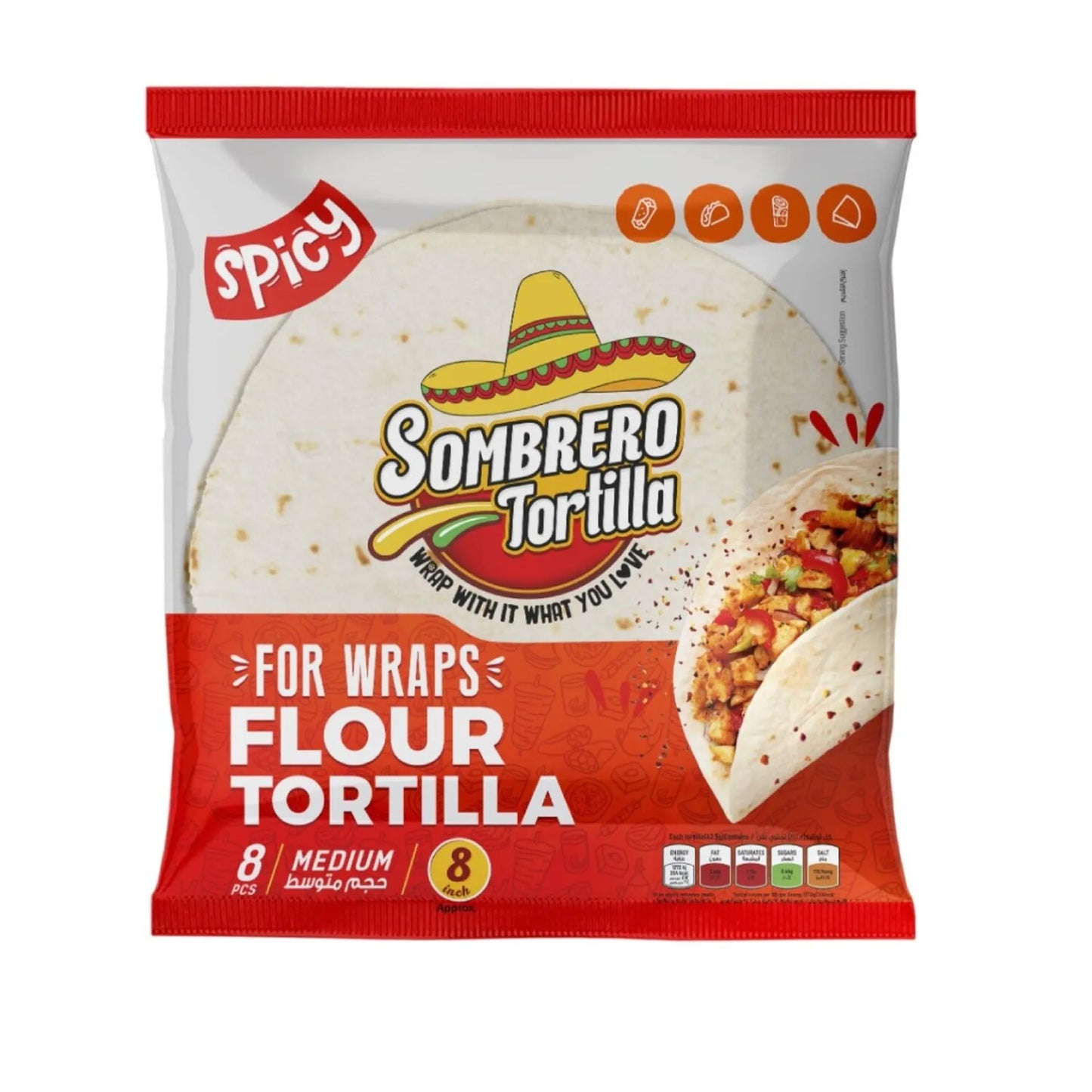 Sombrero Medium 8 Inch Spicy Tortilla Wraps (8 Pieces) 340 gr