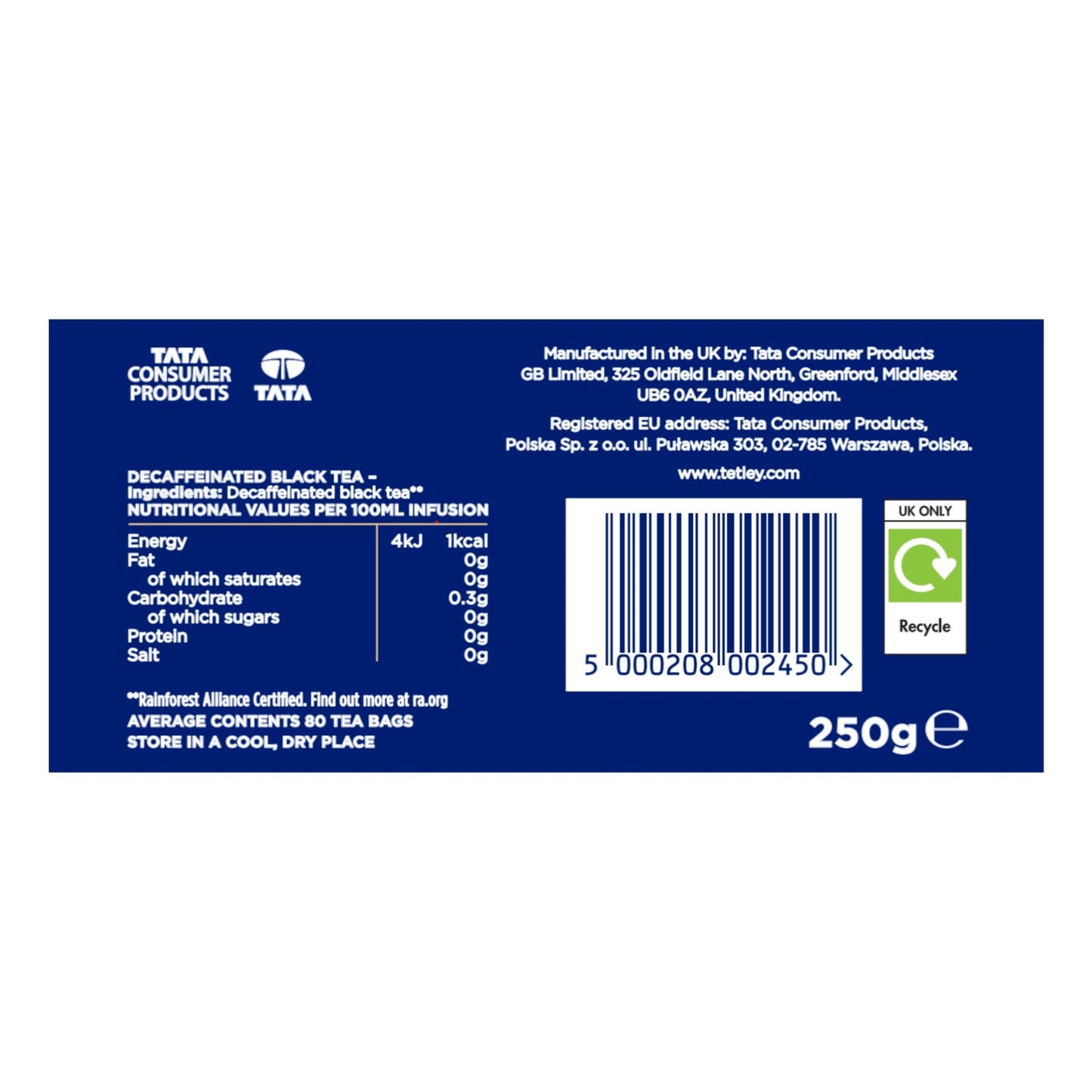 Tetley Decaffeinated Tea Bags 80 per pack