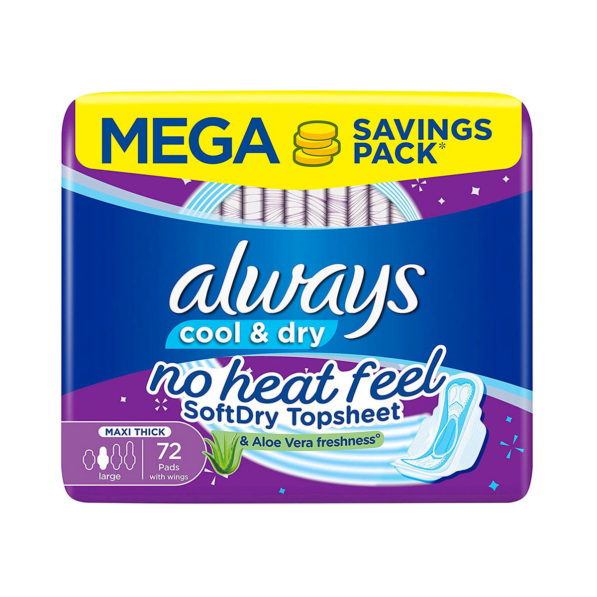 Always Sanitary Pads Clean & Dry Maxi Thick Large With Wings 72pcs