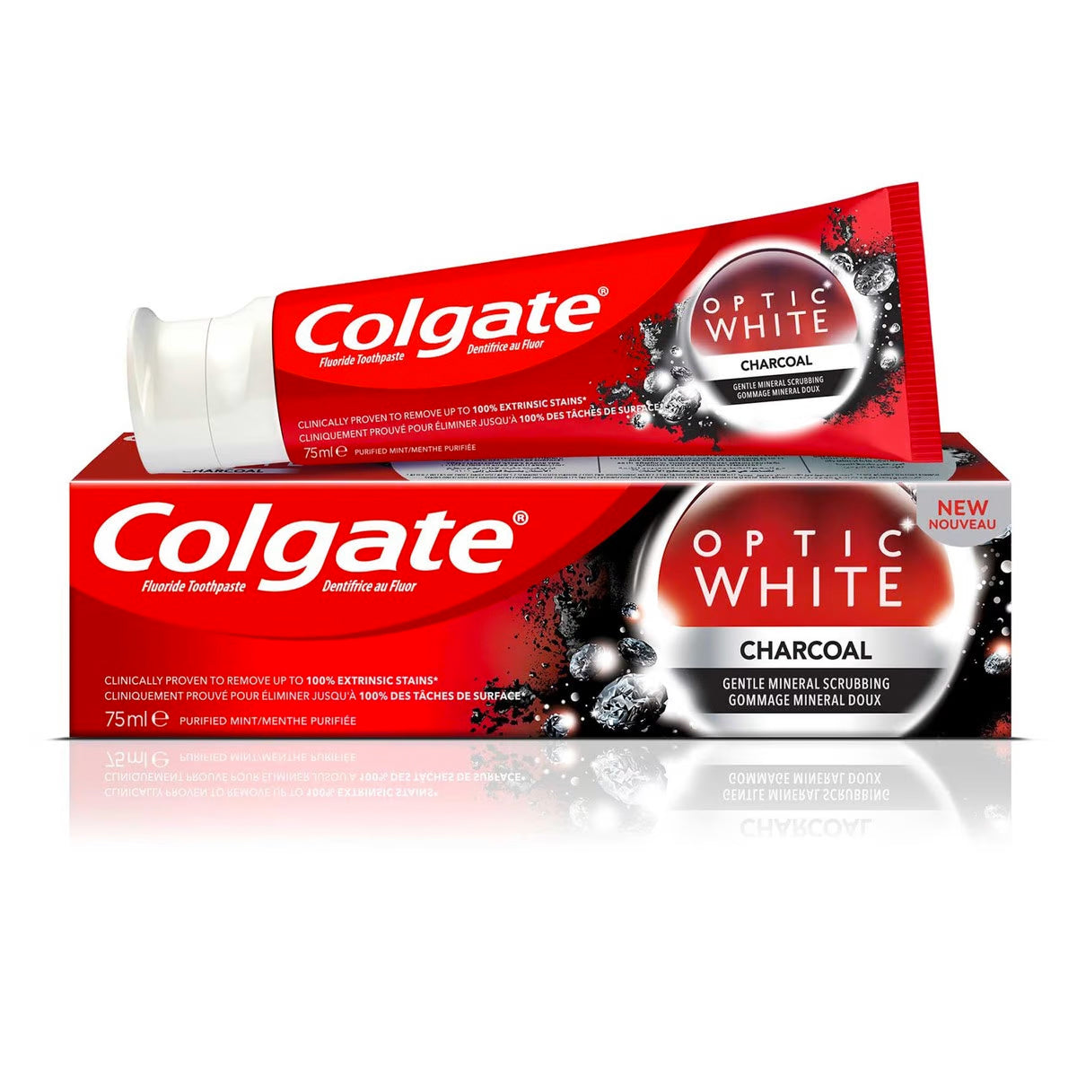 Colgate Fluoride Toothpaste Optic White with Gentle Mineral Scrubbing Charcoal with Pure Mint 75ml