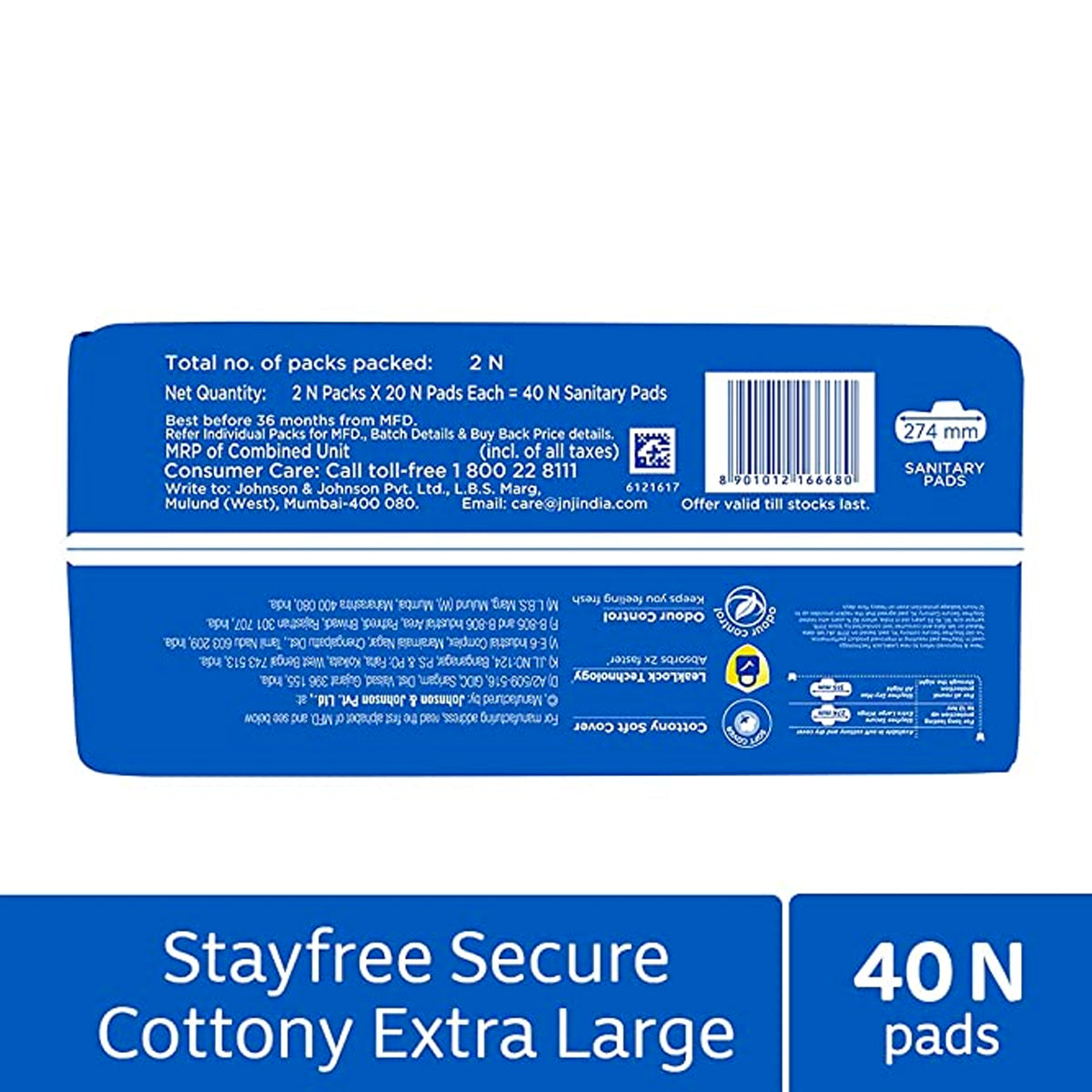Stayfree Secure Extra Large Cottony Soft Cover Sanitary Pads For Women With Wings, 40 Pads
