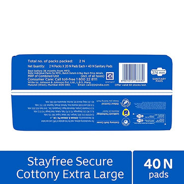 Stayfree Secure Extra Large Cottony Soft Cover Sanitary Pads For Women With Wings, 40 Pads