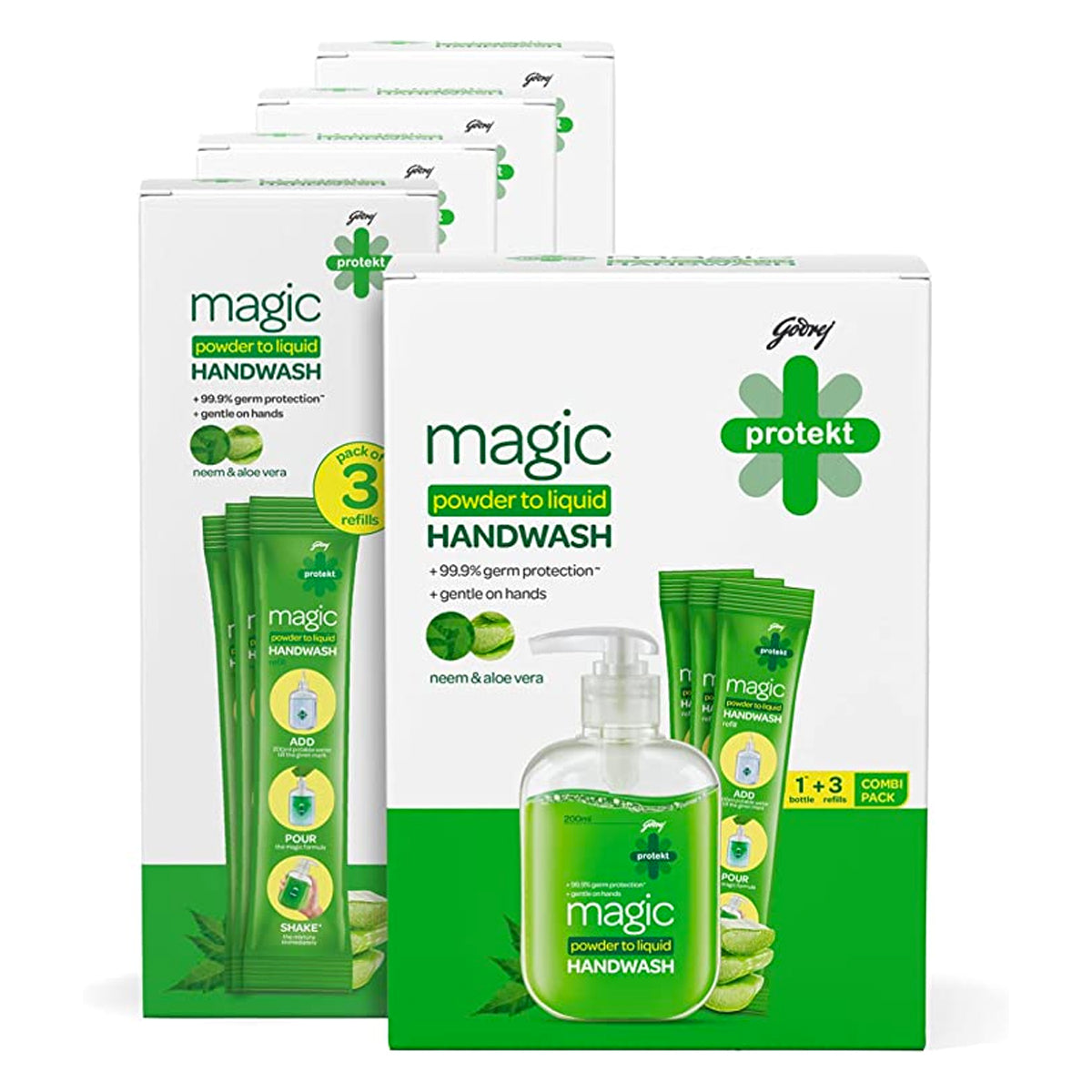 Godrej Protekt magic Powder-To-Liquid Handwash Bottle + 15 Refills | 135g (Makes 3 Litres)