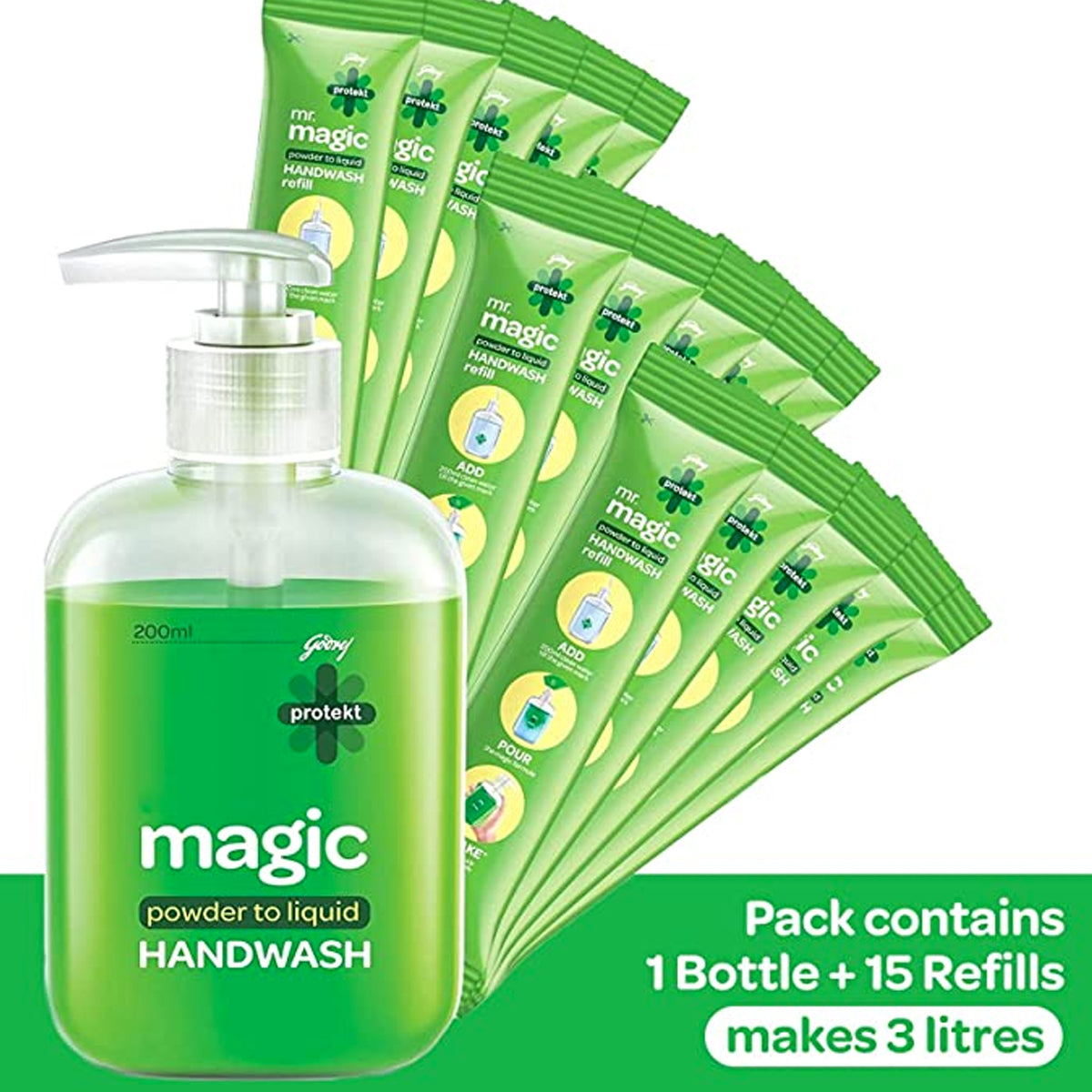 Godrej Protekt magic Powder-To-Liquid Handwash Bottle + 15 Refills | 135g (Makes 3 Litres)