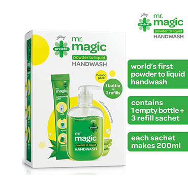 Godrej Protekt magic Powder-to-Liquid Handwash Bottle + 3 Refills | 27g (makes 200ml per refill)